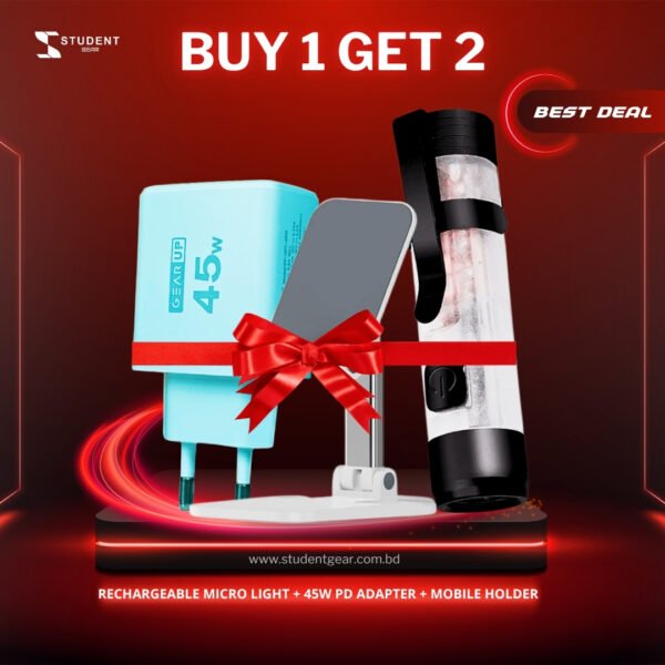 Buy 1 Get 2 Offer (GearUP 45W Fast Charger+5050 Workshop M01 Rechargeable Microlight+Premium Mobile Holder Combo)